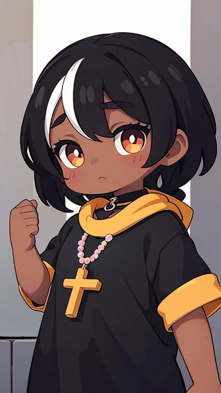 create the image of a black-skinned child using, a Christian rosary around the neck, using colorful children's clothes, without holding anything in his hands and with small earrings singing a song