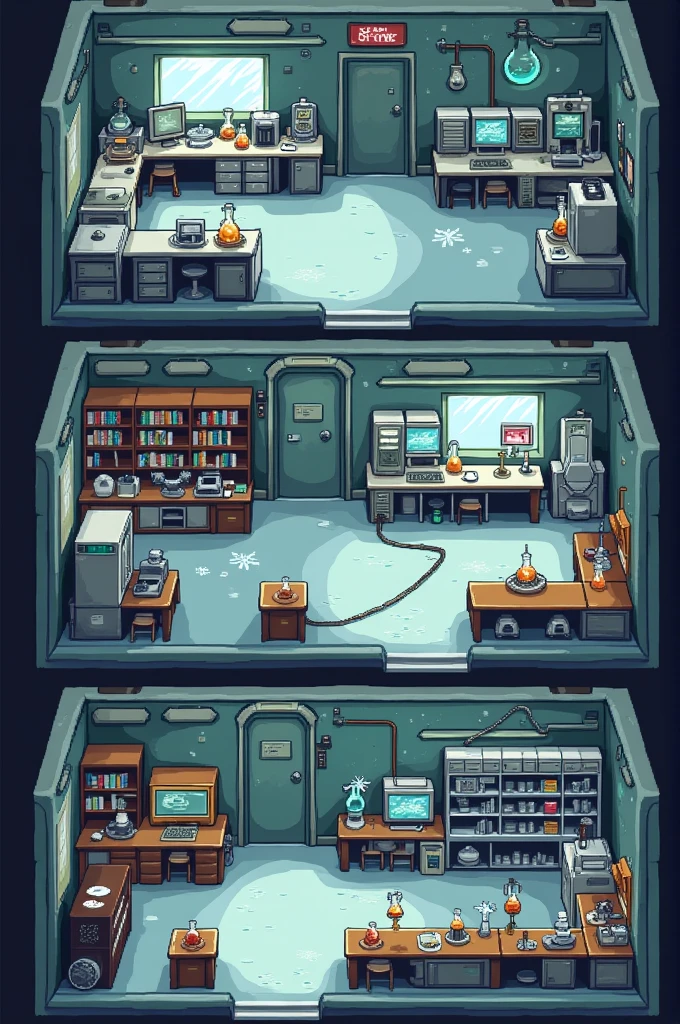 Create a realistic board, made in a 2D pixel style top view having 3 rooms, a chemistry experiment room, a genetic library and the last one being an analysis laboratory 
