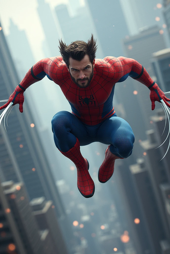 A person with powers like wolverine dressing spiderman suit, swinging air,

