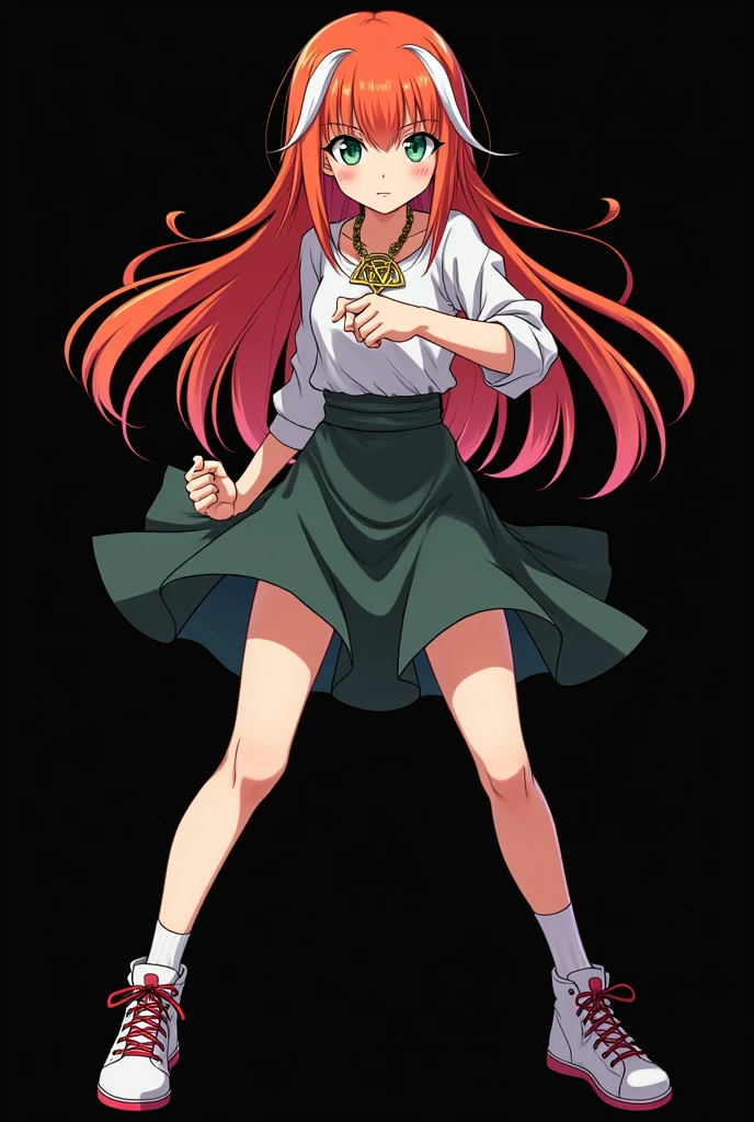 A full body image of an  , personagem do anime "JUJUTSU KAİSEN", she is very beautiful, with long, straight, fire-colored hair with two white streaks highlighted in the front, framing your face. ella tem olhos verde-azulado e a pele pálida. she is a Wiccan, she is in fighting pose. she wears a pentagram necklace, tight skirt, beautiful women&#39;s high-top shoes and ¾-long socks. ella | drawn with animation by Gege Akutami. black backdrop.