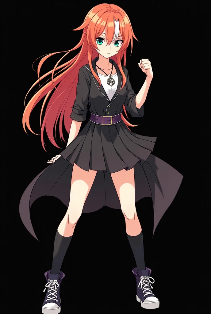 A full body image of an child, personagem do anime "JUJUTSU KAİSEN", she is very beautiful, with long, straight, fire-colored hair with two white streaks highlighted in the front, framing your face. ella tem olhos verde-azulado e a pele pálida. she is a Wiccan, she is in fighting pose. she wears a pentagram necklace, tight skirt, beautiful women's high-top shoes and ¾-long socks. ella | drawn with animation by Gege Akutami. black backdrop.