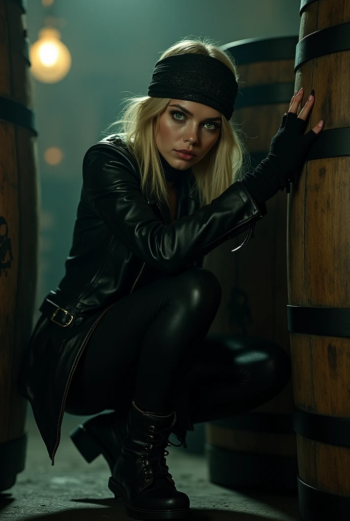 Beautiful, white, young woman, shoulder length blonde hair, green eyes, wearing black cotton bandana, wearing black leather jacket, arms fully covered in black bandages, wearing black leather pants, wearing black leather boots, hiding behind large barrels in a very dimly lit bar, 