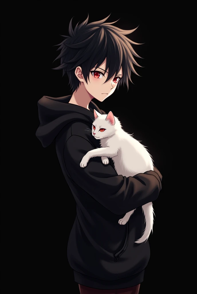 Anime boy , Spiky hair , black hair , black hoodie , red eyes , narrowed eye , carrying a white fluffy cat with eyes , blank black background , side view , standing 