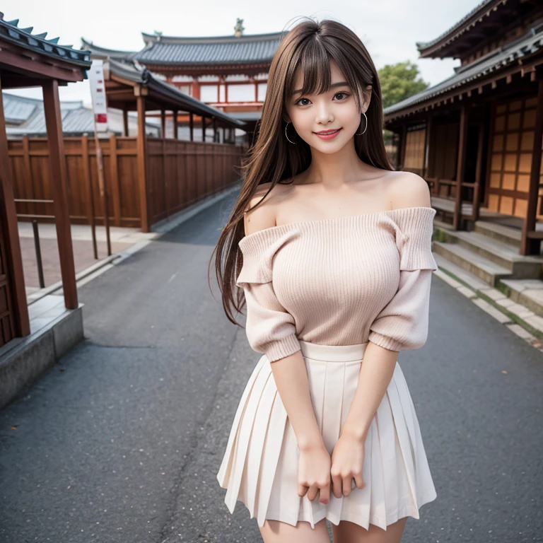 laughing out loud，2，Skirt length above knee,Wearing a white pleated skirt,(knee shot), 1 female, On the face, laughing out loud, light brown hair, blunt bangs, hair behind ears, Shoulder length hair, long hair, Slender body type, 超face slimming型, face slimming, delicate lips, beautiful eyes, Thin blush, Eyes are light brown,Check it out here, (actual:1.3), standing next to the street，The background is the Kyoto Five-Storied Pagoda, One person's perspective, 8k, Super detailed, high quality, best quality, High resolution,，Large Breasts，The breasts are H-cups, Off-shoulder tops，The breasts look big when they stick out in the clothes