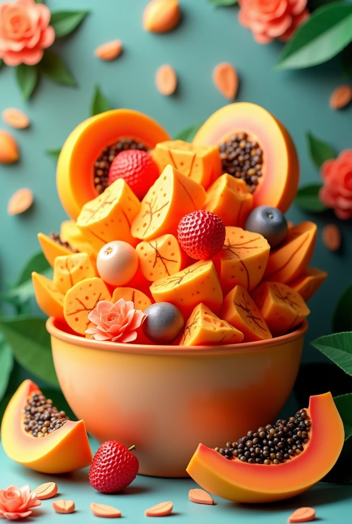 Fruit cocktail with papaya pieces in a bowl, masterpiece, all in three dimensional paper art、(Almond Shapes);1.9、(Three-dimensional paper-cut art.、colorful):1.9