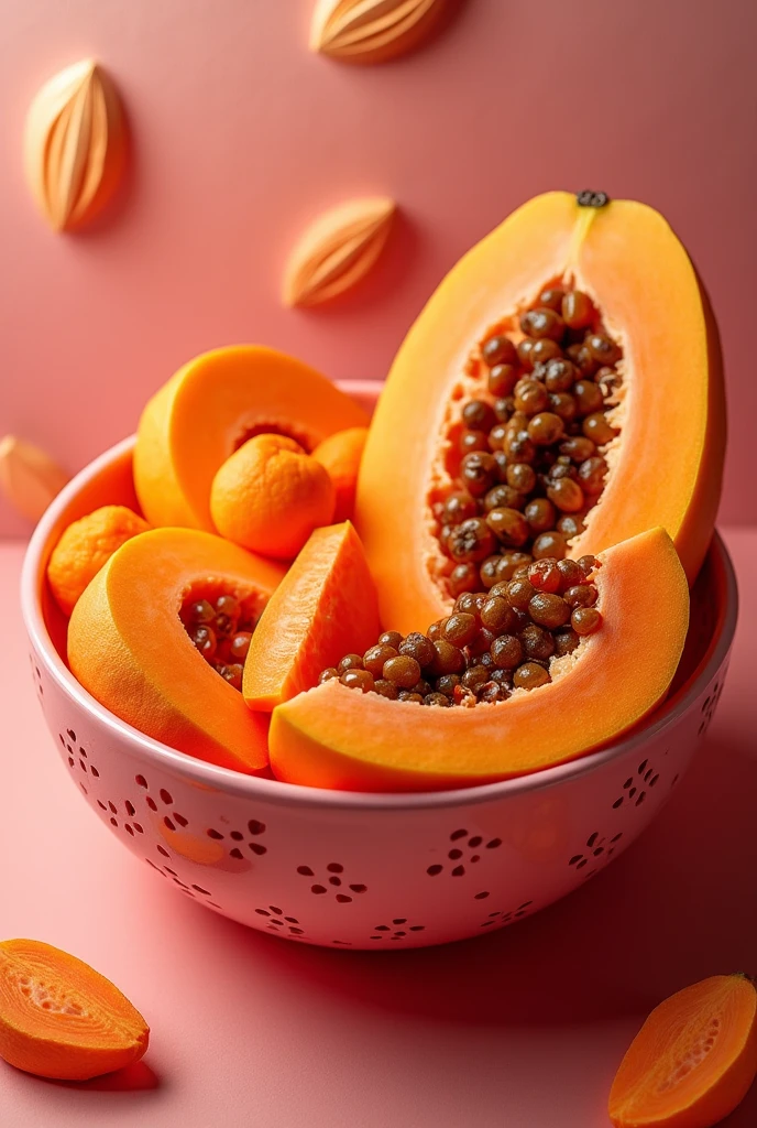 Fruit cocktail with papaya pieces in a bowl,  masterpiece, all in three dimensional paper art、(Almond Shapes);1.9、(Three-dimensional paper-cut art.、colorful):1.9
