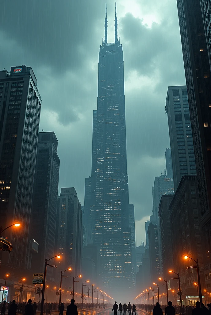 Chicago city with, extra modern skyscraper and in the middle of one big skyscraper beautiful scenery sky is full of black clouds raining and a full view of the city