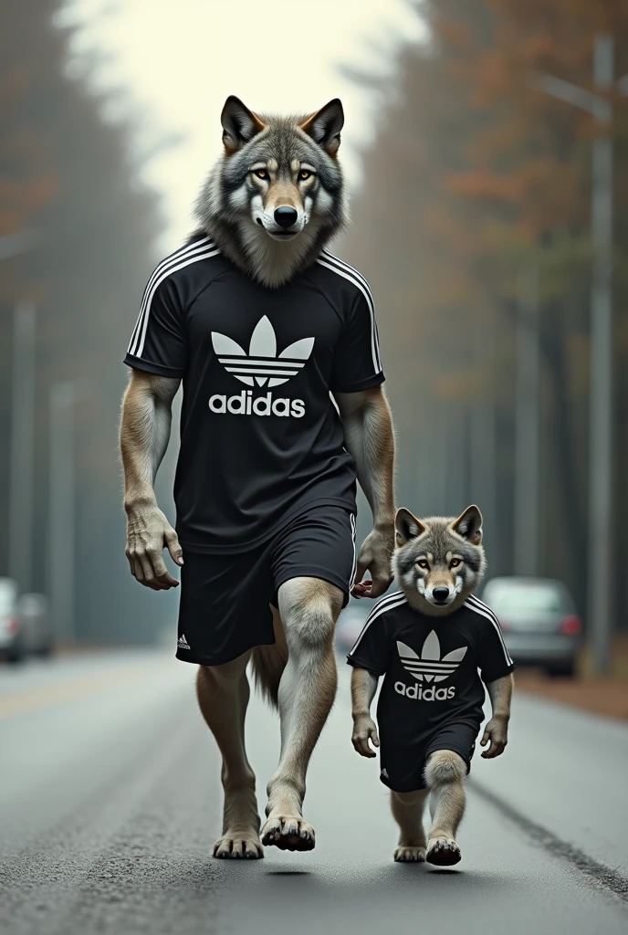 Wolf and its cub are walking on the road the body of wolf and its cub is very muscular and their wearing the shirt of Adidas 