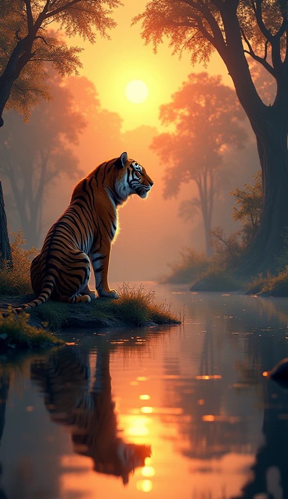 Tiger calmly watching the forest at sunset, its paws on the edge of a serene lake that reflects the orange sky, Atmosphere of Tranquility and Reflection, Digital illustration with warm color palette and soft light effects, --ar 16:9 --v 5