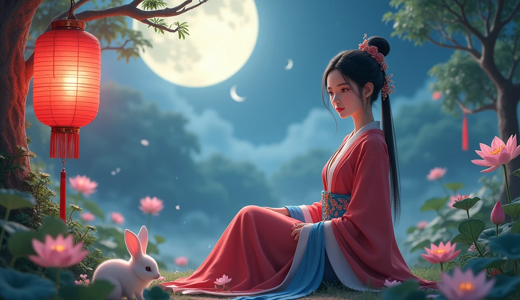 A beautiful young Asian woman in an elegant red and blue hanfu sits gracefully in a moonlit garden. Her hair was decorated with delicate flowers. And her eyes were calm and charming. A large glowing red lantern hung next to her, casting a warm glow on the scene. Two fluffy white rabbits sat at her feet. Add a calm and enchanting atmosphere. The garden is full of lush greenery and delicate lotus flowers. along with the full moon shining brightly in the sky
