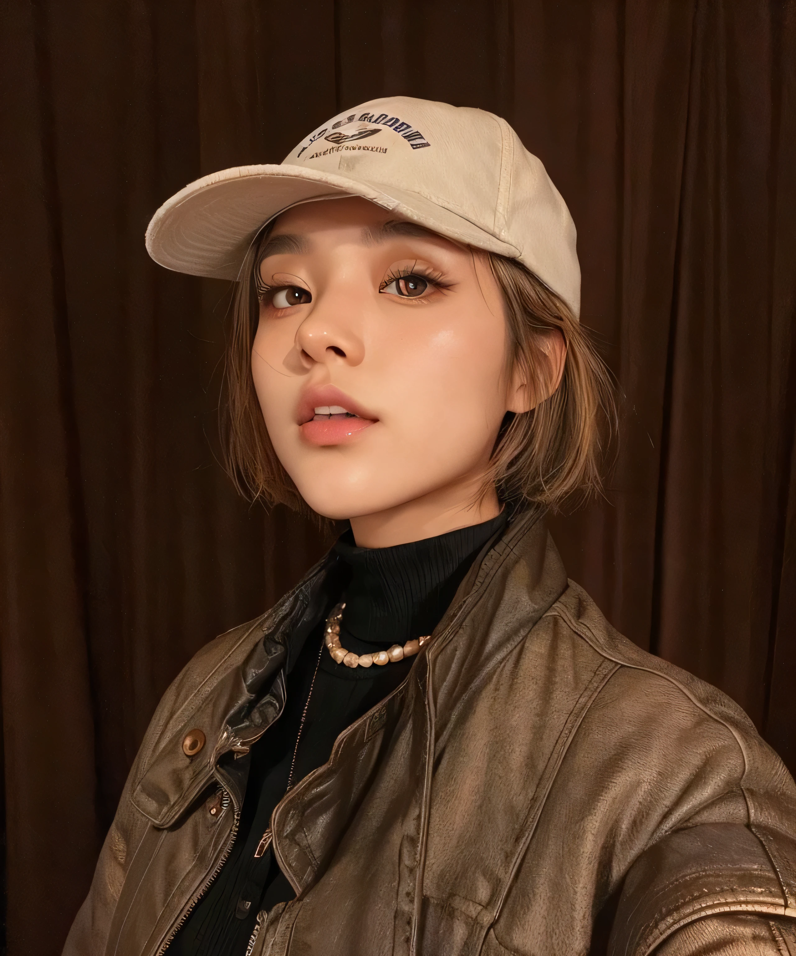 best quality, Korean girl, bronze skin, amber eyes, button nose, Instagram model, mirror selfie, short hair.
