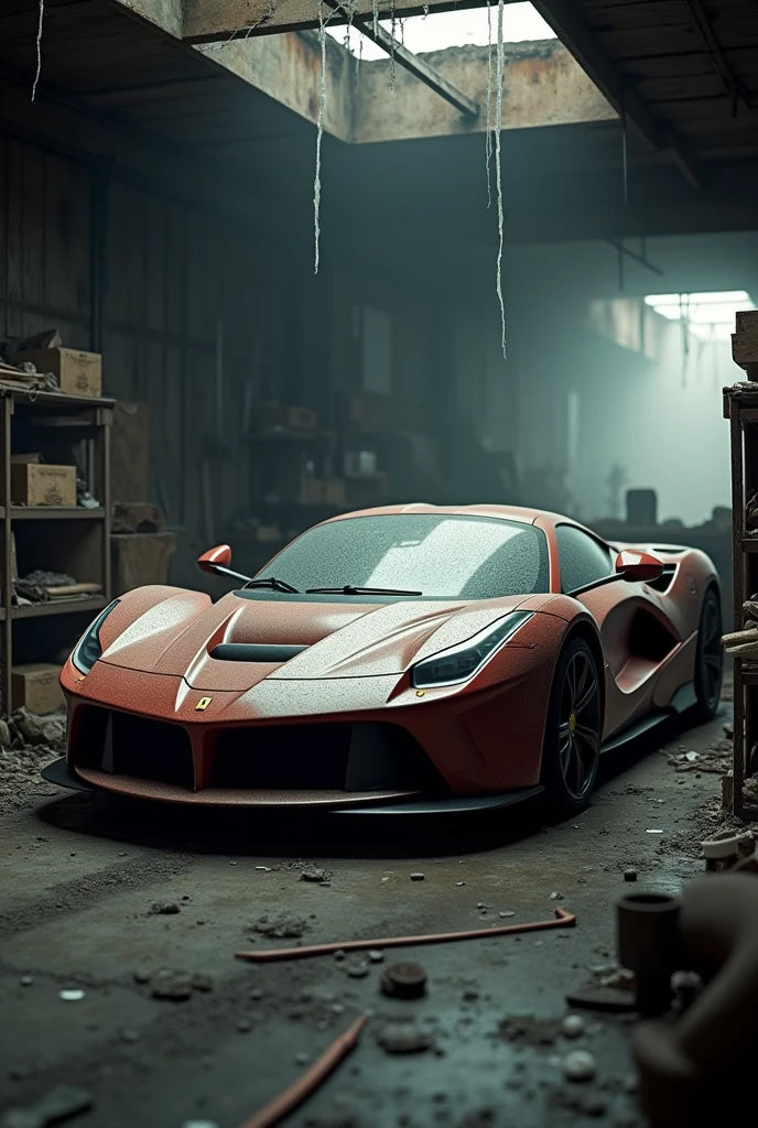 A very realistic image of ferrari tornado model 2023 kept in a very dirty garage without sunlight and too dark with the car also quite dusty and dirty 