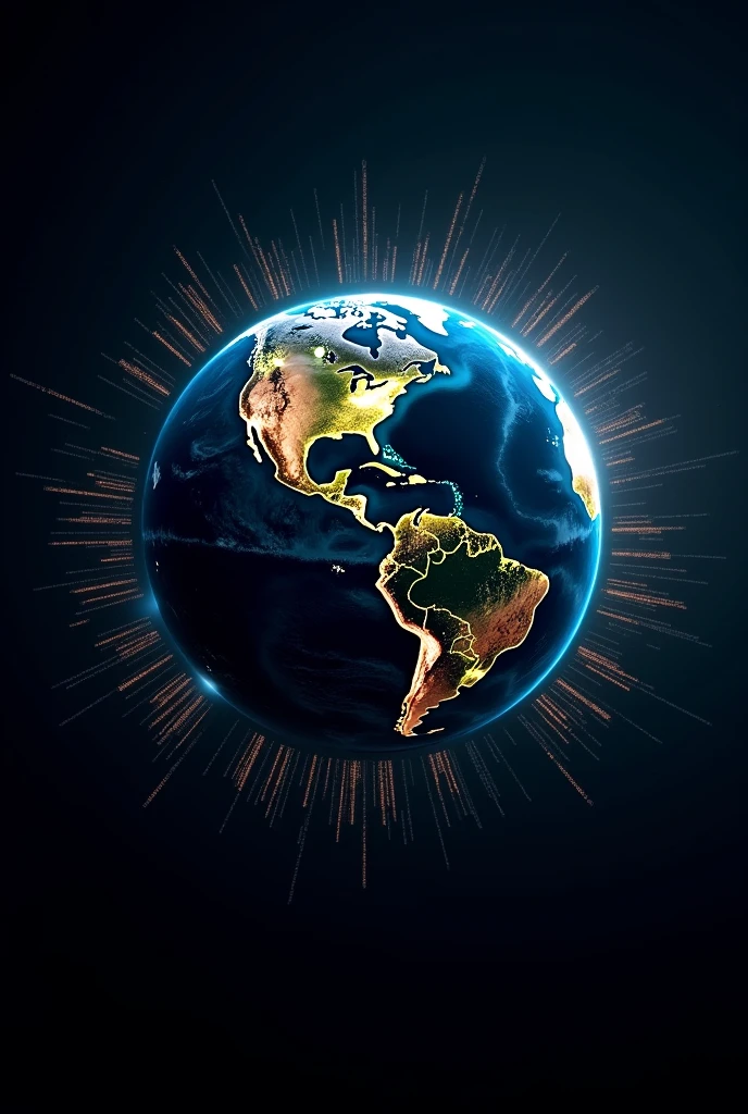 Planet Earth seen from space with less technological countries darker than the more technological countries. Around the planet technological data