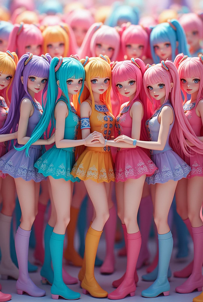7,500 animated beauties with 2-meter long hair wearing colorful, very, very, very, very short patterned skirts and colorful, very, very, very long patterned socks, and colorful, patterned hirajuku with a big heart on the back, take a group photo while holding each other very close together, smiling slightly and facing forward.