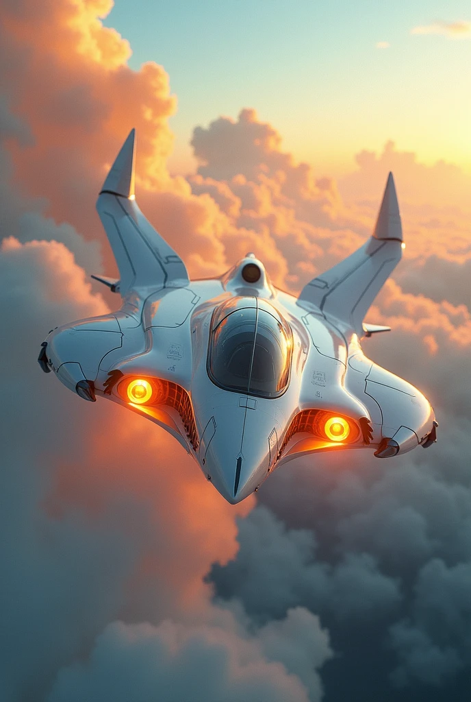 a phoenix airplane macha from white metal, soaring on the sky, metal reflection body, cinematic lighting, spreading the wings and gliding, gliding pose, glowing orange eyes, glowing steel orange wings, glowing steel orange tails, iron claw, bright color, morning glory cloud background, highly detailed, futurism, sci-fi theme fire 