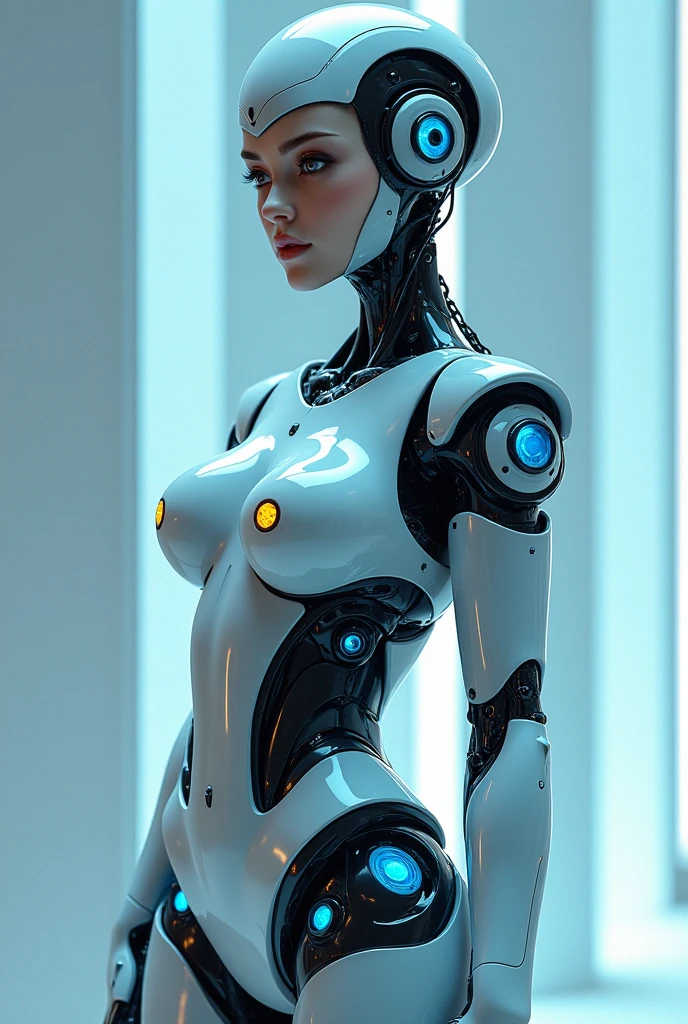 Beautiful sexy robo girl. Blue and white suite. She is very beautiful , attractive, like a human girl. Very Big breast, best body shape. Do not show too many mechanical parts