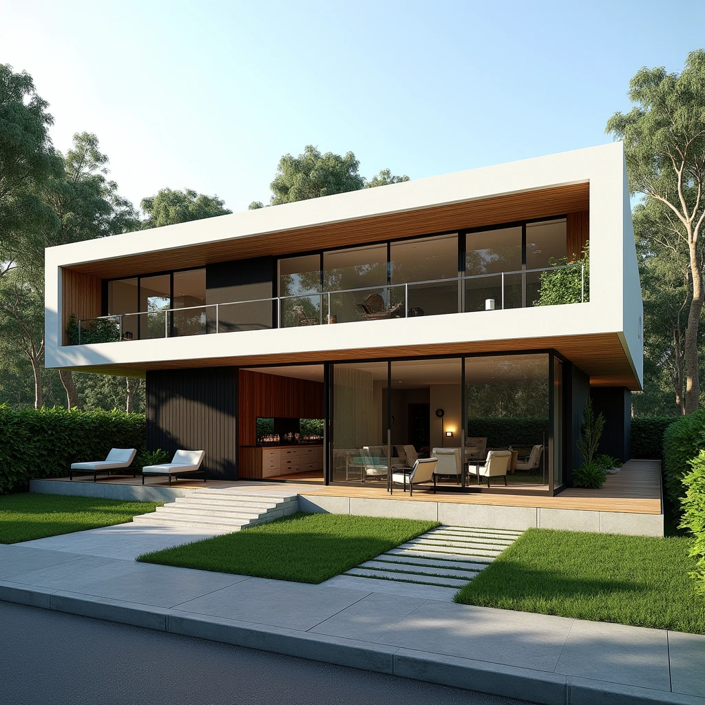 Exterior design , contemporary linear residence , Wood , glass and concrete ,  in a gated community ,Northeast of Brazil , ultra realisitic , ultra-realistic render , 4 K , 