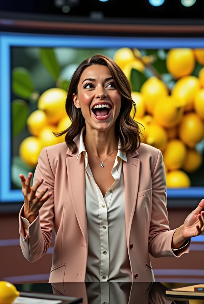 An excited person talking on a show, with lemons in the background.