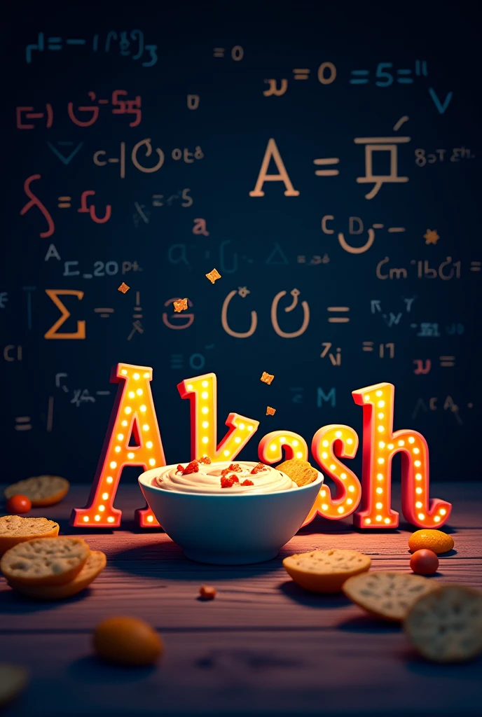 Write Akash with a ranch dip beside it,in a black background with prominent maths formulae of integration Pixar  version 