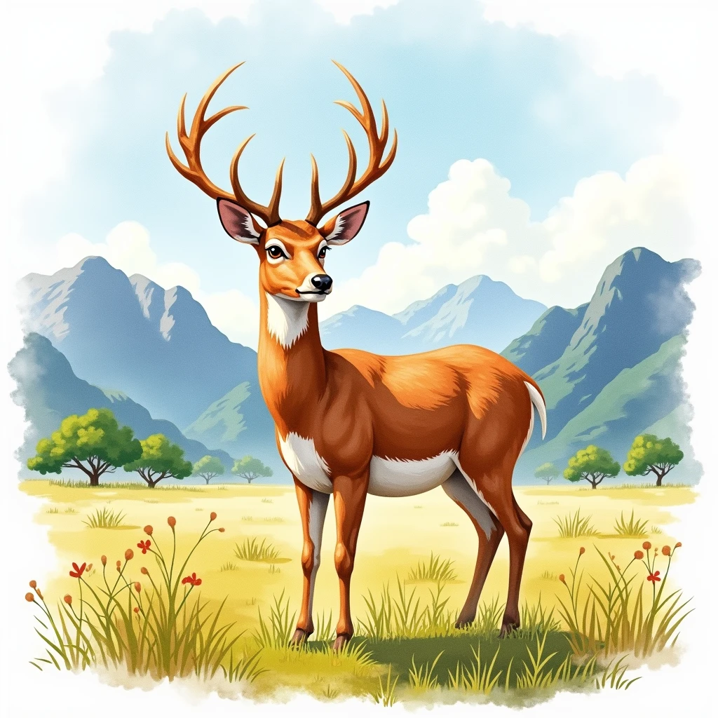 A serene and vibrant watercolor art piece depicting a Veado-campeiro, also known as Ozotoceros bezoarticus, majestically standing in an open campo against the backdrop of a majestic mountain landscape, with lush green grasslands and sparse trees scattering the horizon, under a warm and sunny sky with gentle, white, puffy clouds, the deer's fur a rich brown with white undersides, its large brown eyes shining with curiosity, its slender legs and majestic antlers a testament to its elegance, the painting's colors a mix of earthy tones, blues, and greens, with bold brushstrokes and delicate textures, capturing the essence of the wild and free spirit of the campo aberto.