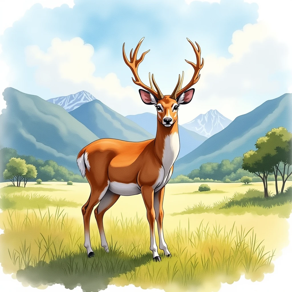 A serene and vibrant watercolor art piece depicting a Veado-campeiro, also known as Ozotoceros bezoarticus, majestically standing in an open campo against the backdrop of a majestic mountain landscape, with lush green grasslands and sparse trees scattering the horizon, under a warm and sunny sky with gentle, white, puffy clouds, the deer's fur a rich brown with white undersides, its large brown eyes shining with curiosity, its slender legs and majestic antlers a testament to its elegance, the painting's colors a mix of earthy tones, blues, and greens, with bold brushstrokes and delicate textures, capturing the essence of the wild and free spirit of the campo aberto.