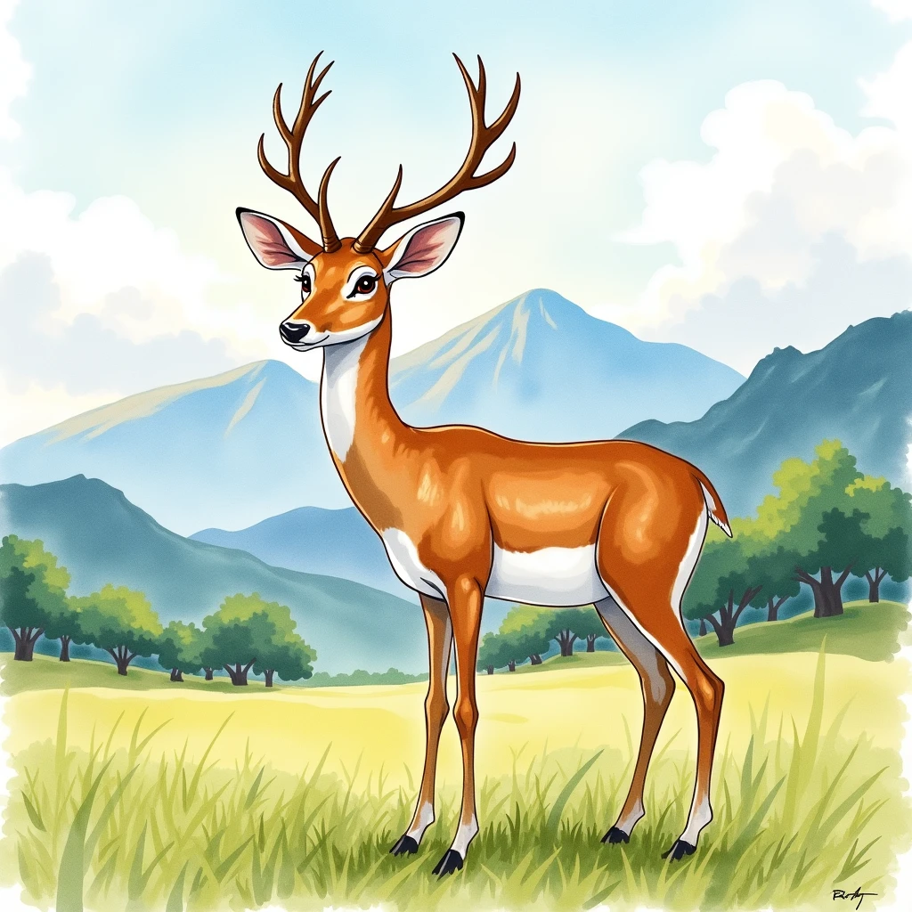 A serene and vibrant watercolor art piece depicting a Veado-campeiro, also known as Ozotoceros bezoarticus, majestically standing in an open campo against the backdrop of a majestic mountain landscape, with lush green grasslands and sparse trees scattering the horizon, under a warm and sunny sky with gentle, white, puffy clouds, the deer's fur a rich brown with white undersides, its large brown eyes shining with curiosity, its slender legs and majestic antlers a testament to its elegance, the painting's colors a mix of earthy tones, blues, and greens, with bold brushstrokes and delicate textures, capturing the essence of the wild and free spirit of the campo aberto.