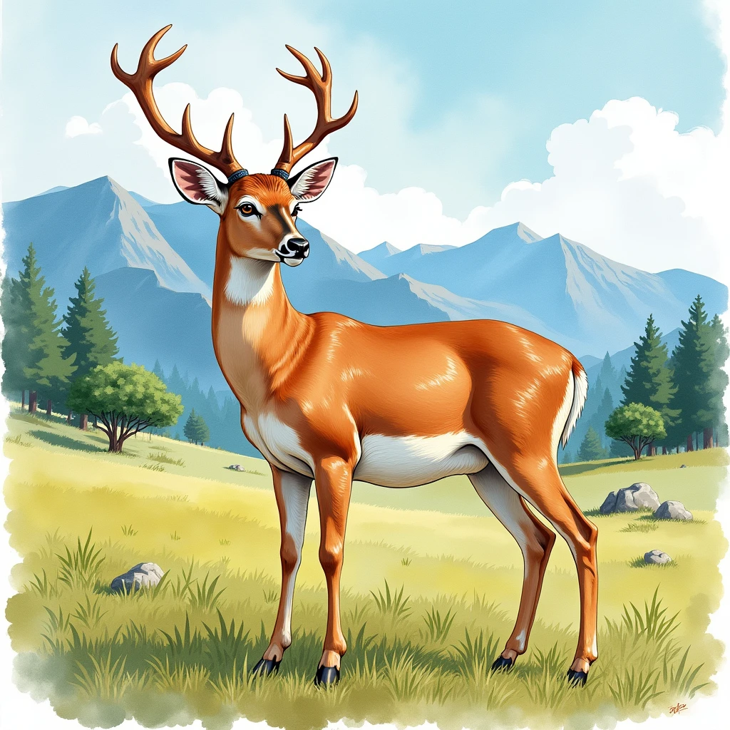 A serene and vibrant watercolor art piece depicting a Veado-campeiro, also known as Ozotoceros bezoarticus, majestically standing in an open campo against the backdrop of a majestic mountain landscape, with lush green grasslands and sparse trees scattering the horizon, under a warm and sunny sky with gentle, white, puffy clouds, the deer's fur a rich brown with white undersides, its large brown eyes shining with curiosity, its slender legs and majestic antlers a testament to its elegance, the painting's colors a mix of earthy tones, blues, and greens, with bold brushstrokes and delicate textures, capturing the essence of the wild and free spirit of the campo aberto.