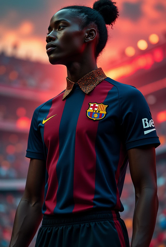 Make a piece of black jersey with a collared pattern + Barcelona soccer jersey.