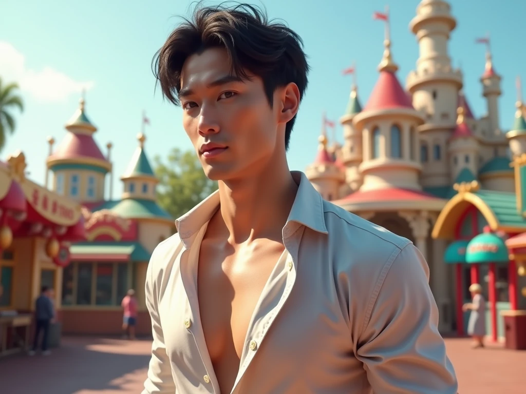 Japanese,25-30 years old, Handsome and elegant, wearing sexy shirt , Masculine and handsome，muscular，Muscles look good， fair skin, black eyes（thin eyes 1：3), Full body image,(Super detailed, Realistic, best quality, 4K, 8k, High resolution, masterpiece:1.3),  Unbutton your shirt,  The background is Disneyland，happy