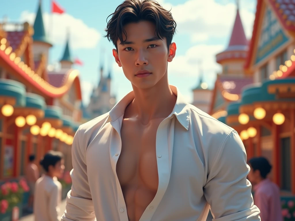 Japanese,25-30 years old, Handsome and elegant, wearing sexy shirt , Masculine and handsome,muscular,Muscles look good, fair skin, black eyes(thin eyes 1:3), Full body image,(Super detailed, Realistic, best quality, 4K, 8k, High resolution, masterpiece:1.3), Unbutton your shirt, The background is Disneyland,happy