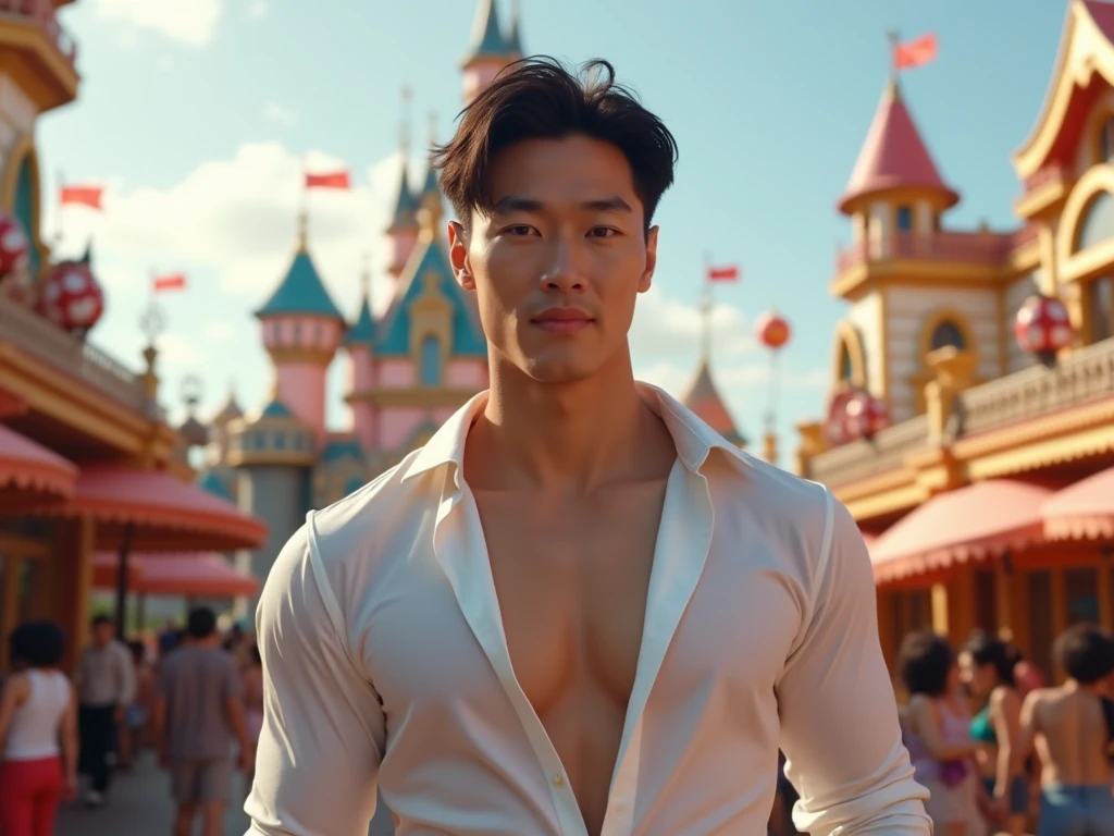 Japanese,25-30 years old, Handsome and elegant, wearing sexy shirt , Masculine and handsome,muscular,Muscles look good, fair skin, black eyes(thin eyes 1:3), Full body image,(Super detailed, Realistic, best quality, 4K, 8k, High resolution, masterpiece:1.3), Unbutton your shirt, The background is Disneyland,happy
