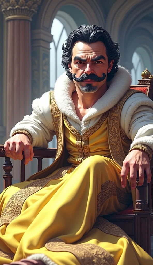 Handsome tall man, middle age, vivid hair thick eyebrows with a pointy black mustache, with a medieval evening clothes fancy and sitting down on a chair.