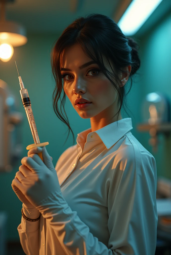 A beautiful nurse with seductive eyes, wearing latex gloves, holding a syringe, (best quality,4k,8k,highres,masterpiece:1.2),ultra-detailed,(realistic,photorealistic,photo-realistic:1.37),extremely detailed eyes and face, longeyelashes, beautiful detailed lips, beautiful detailed eyes, intricate medical equipment, medical office interior, dramatic lighting, cinematic composition, warm color tones