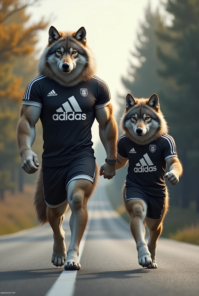 Wolf and its cub are walking on the road the body of wolf and its cub is very muscular and their wearing the shirt of Adidas