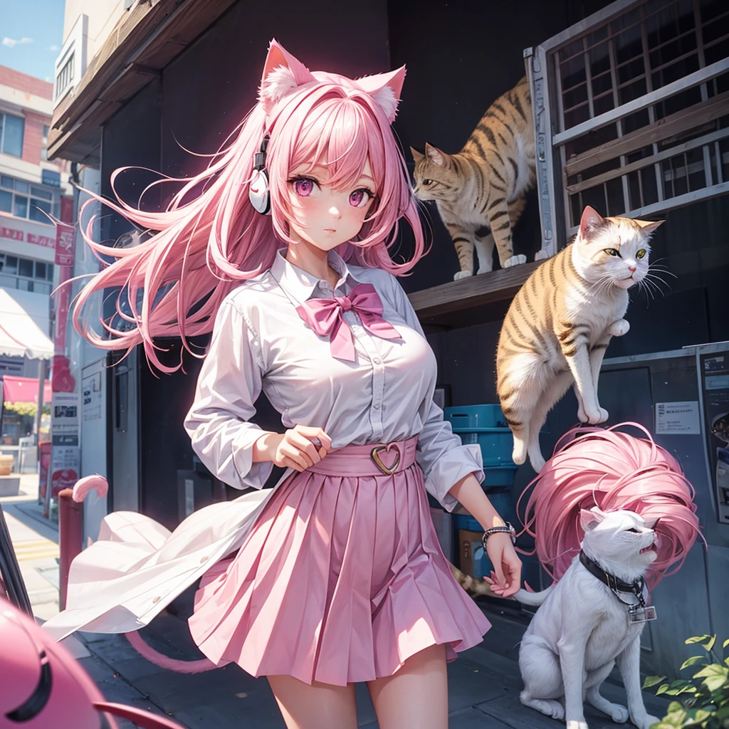 pink hair girl,Low Waist,white shirt,white short skirt,pink eyes,Put on cat headphones,Big tits,No cats in the picture
