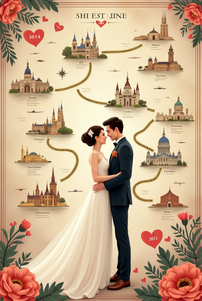 Wedding card with a map background design and a timeline of how the wedding couple's relationship was