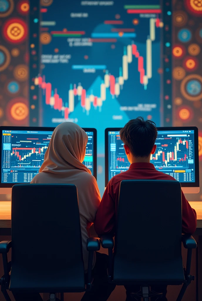 muslim girl and hindu boy sitting in the chair , surrounding wall have many trading patterns and charts , they see the computers and in there computer show binance trading charts