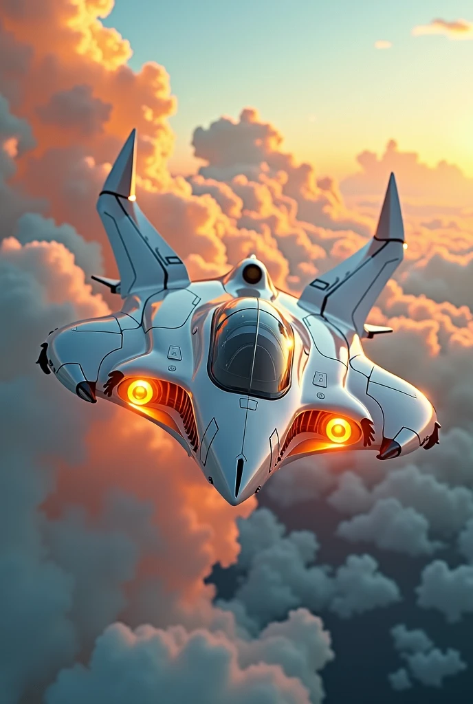 a phoenix airplane macha from white metal, soaring on the sky, metal reflection body, cinematic lighting, spreading the wings and gliding, gliding pose, glowing orange eyes, glowing steel orange wings, glowing steel orange tails, iron claw, bright color, morning glory cloud background, highly detailed, futurism, sci-fi theme fire 