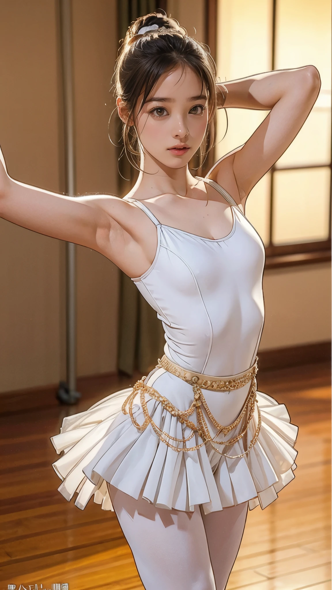 最high quality, High resolution, Photorealistic, Perfect Anatomy, Very detailed, Detailed face, Detailed body, high quality, Ballet Dancer, Tutu, pretty girl, :1.4, Young face, Small breasts, ballerina, Very slim:1.5, Very thin waist:1.4, Sexy standing pose, Raise your arms:1.3, Show your armpits:1.3, Ballet dance room