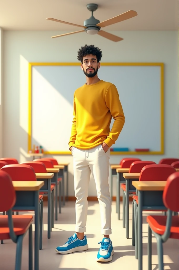 "In a brightly lit classroom, the medium height, medium build white man with short, curly black hair, white skin, brown eyes, and a goatee is dressed in his yellow dress shirt, white pants, and blue sneakers. The classroom has white walls, red desks arranged in rows, and a large yellow-framed window letting in natural light. A whiteboard is mounted on the front wall, and a ceiling fan spins slowly overhead. On a small table near the front of the room sits an open notebook, ready for the lesson."