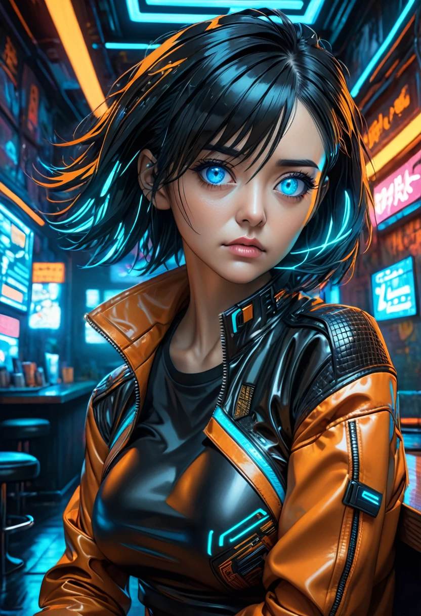 illustration, detailed illustration, ultra detailed, dynamic angle, cyberpunk, 40 year old woman, black hair, hair with cyan streaks, mismatched eyes, cybernetic eye, blue eye, lean, medium breasts, black leather top, orange leather jacket, tired expression, cowboy shot, dark bar interior, dark environment