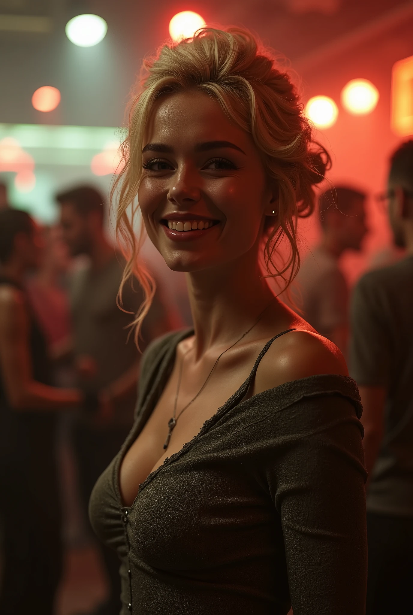 masterpiece, best quality, extremely detailed, hyper-realistic, photo-realistic, a beautiful 20s french model, blonde hair, at nightclub:1.2, dynamic angle, nightclub light:1.1, music club, people dancing on the dance floor background, underground danceclub, gray long sleeve shirt:1.2, ultra detailed face, half updo, pale skin, busty breasts, laughing