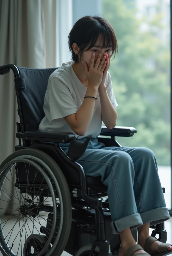Young woman with short hair sitting helplessly in powerwheelchair