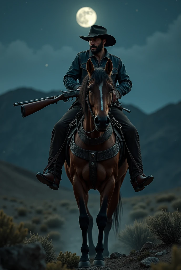 a cowboy sitting on a horse with double barrel shotgun in night

