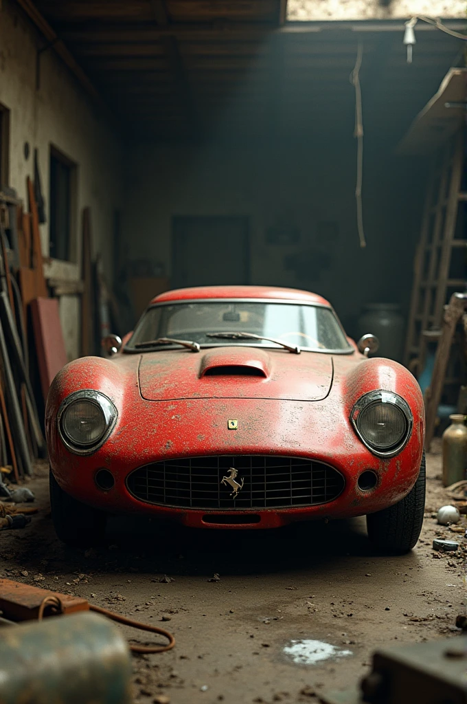 A dusty Ferrari in a very dirty garage 