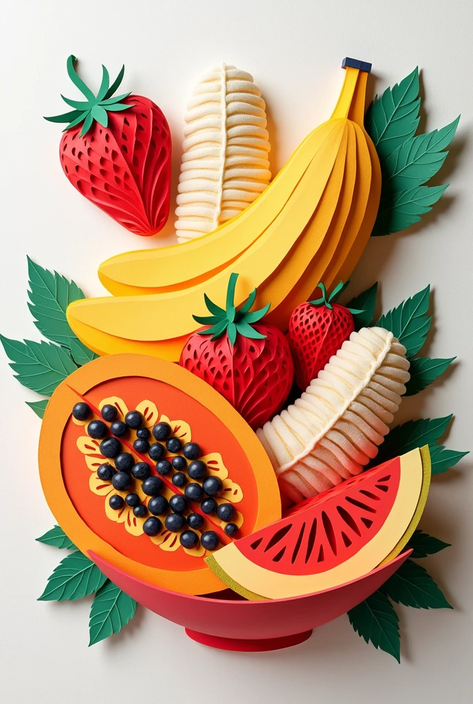 papaya cocktail, banana, strawberry, watermelon, all in one bowl, masterpiece, all in three dimensional paper art、(Almond Shapes);1.9、(Three-dimensional paper-cut art.、colorful):1.9