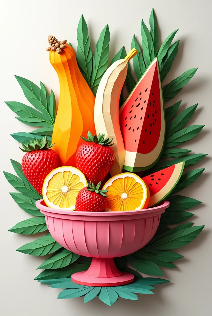 papaya cocktail, banana, strawberry, watermelon, all in one bowl,  masterpiece, all in three dimensional paper art、(Almond Shapes);1.9、(Three-dimensional paper-cut art.、colorful):1.9
