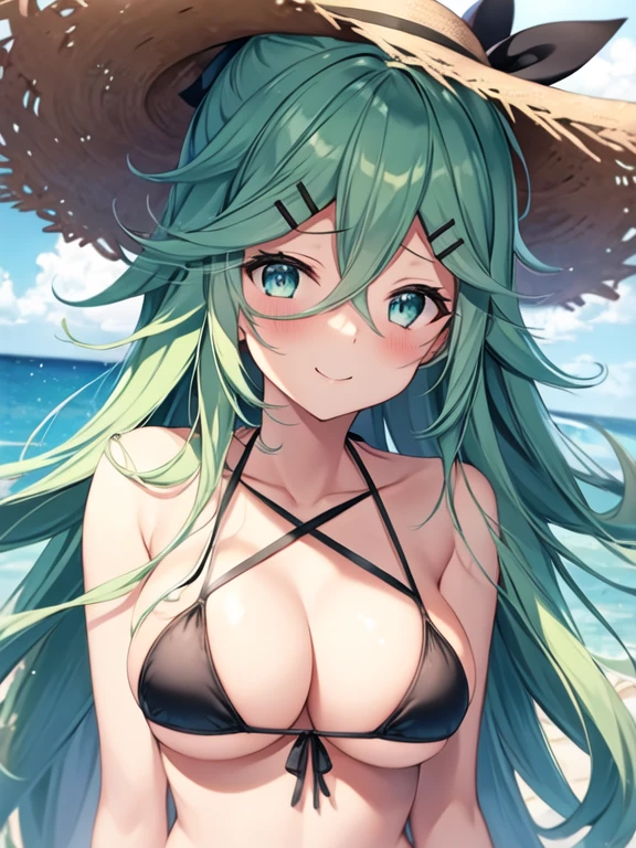 1girl, yamakaze_kantaicollection, nsfw, bikini, (micro bikini),cross-halter-bikini, beach,straw hat, smile, green_hair, hair_between_eyes,upper body, long_hair, hair_ornament, hairclip, (close-up), face focus,cleavage, large breasts, ribbon, hair_ribbon, ponytail, black_ribbon, blush, green_eyes, impasto, (masterpiece), high resolution, 8k, best quality