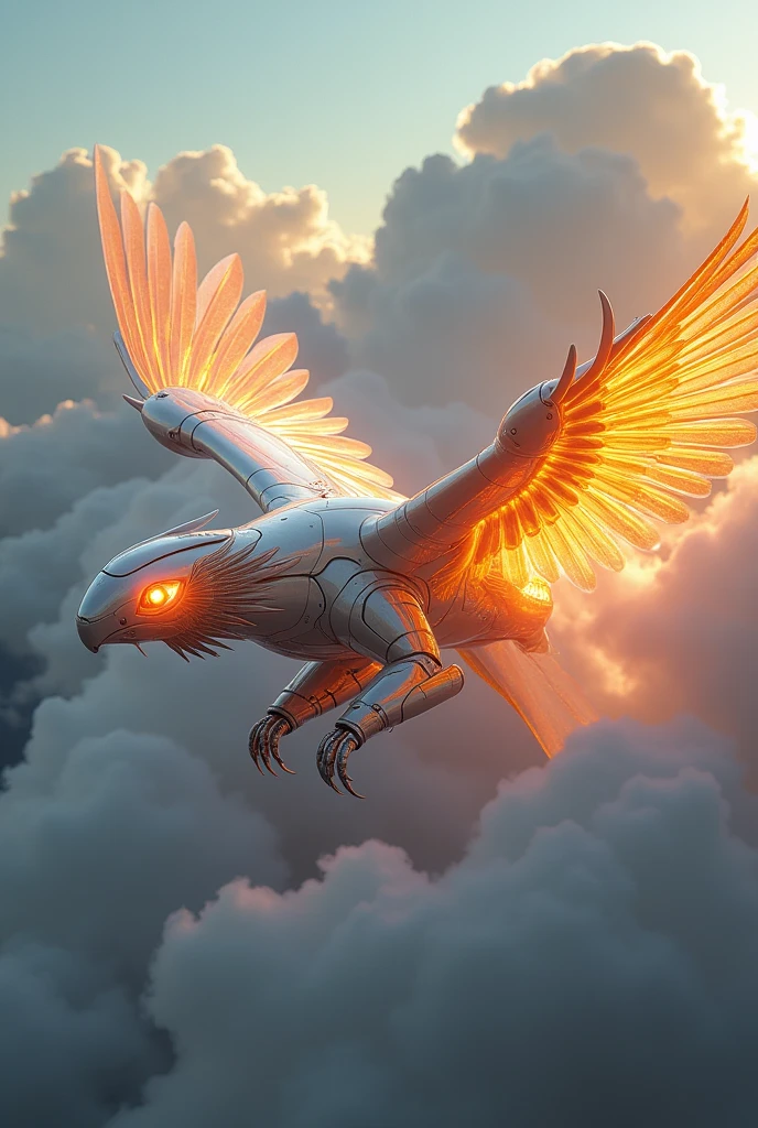 a phoenix airplane macha from white metal, soaring on the sky, metal reflection body, cinematic lighting, spreading the wings and gliding, gliding pose, glowing orange eyes, glowing steel orange wings, glowing steel orange tails, iron claw, bright color, morning glory cloud background, highly detailed, futurism, sci-fi theme fire