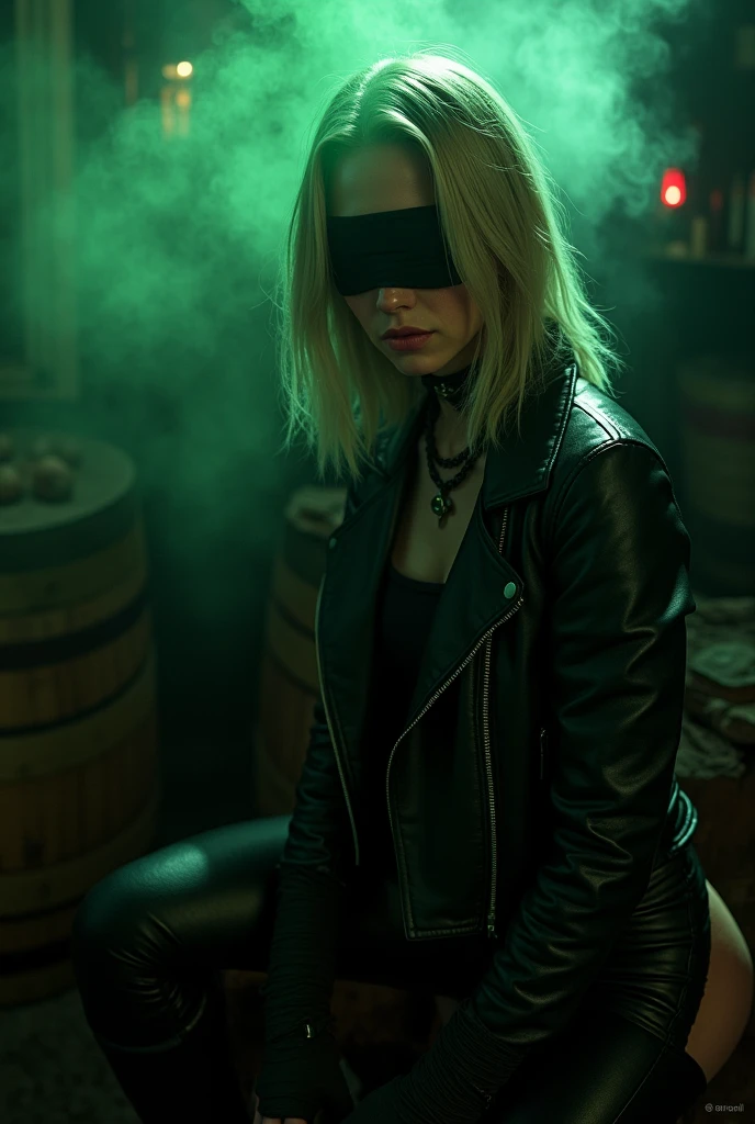 Beautiful, white, young woman, shoulder length blonde hair, wearing black cotton blindfold, green smoke emanating from inside blindfold, wearing black leather jacket, arms fully covered in black bandages, wearing black leather pants, wearing black leather boots, hiding behind large barrels in a very dimly lit bar,